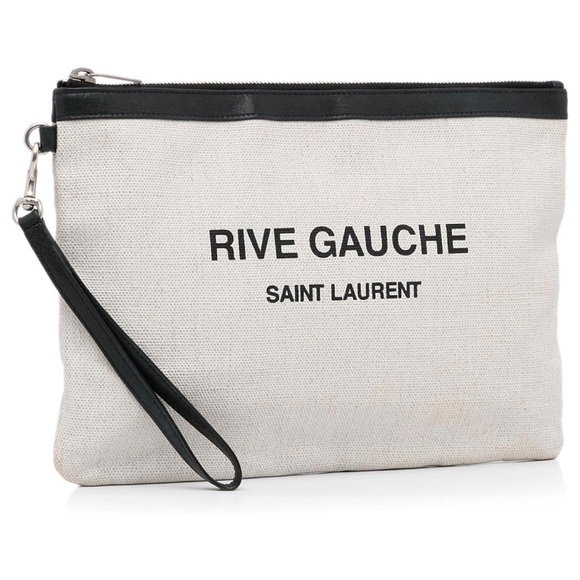 Yves Saint Laurent Handbags - Saint Laurent Rive Gauche Canvas Clutch | YSL Pouch Black Leather Trim Wristlet